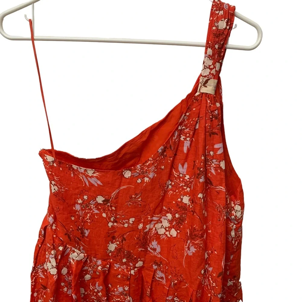 Free People One Shoulder Linen Floral Mini Dress Red Boho